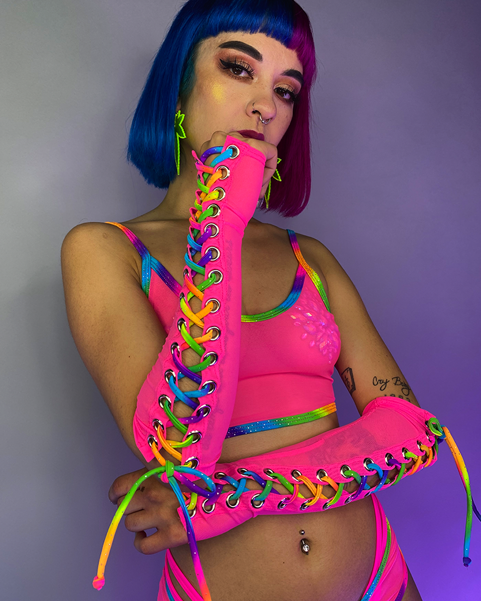 Over The Rainbow Lace Up Mesh Gloves - Rave Wonderland