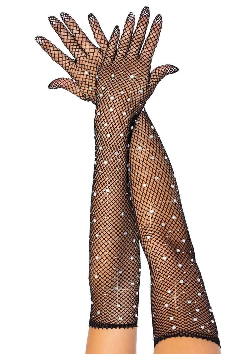 Black Rhinestone Fishnet Long Gloves - Rave Wonderland