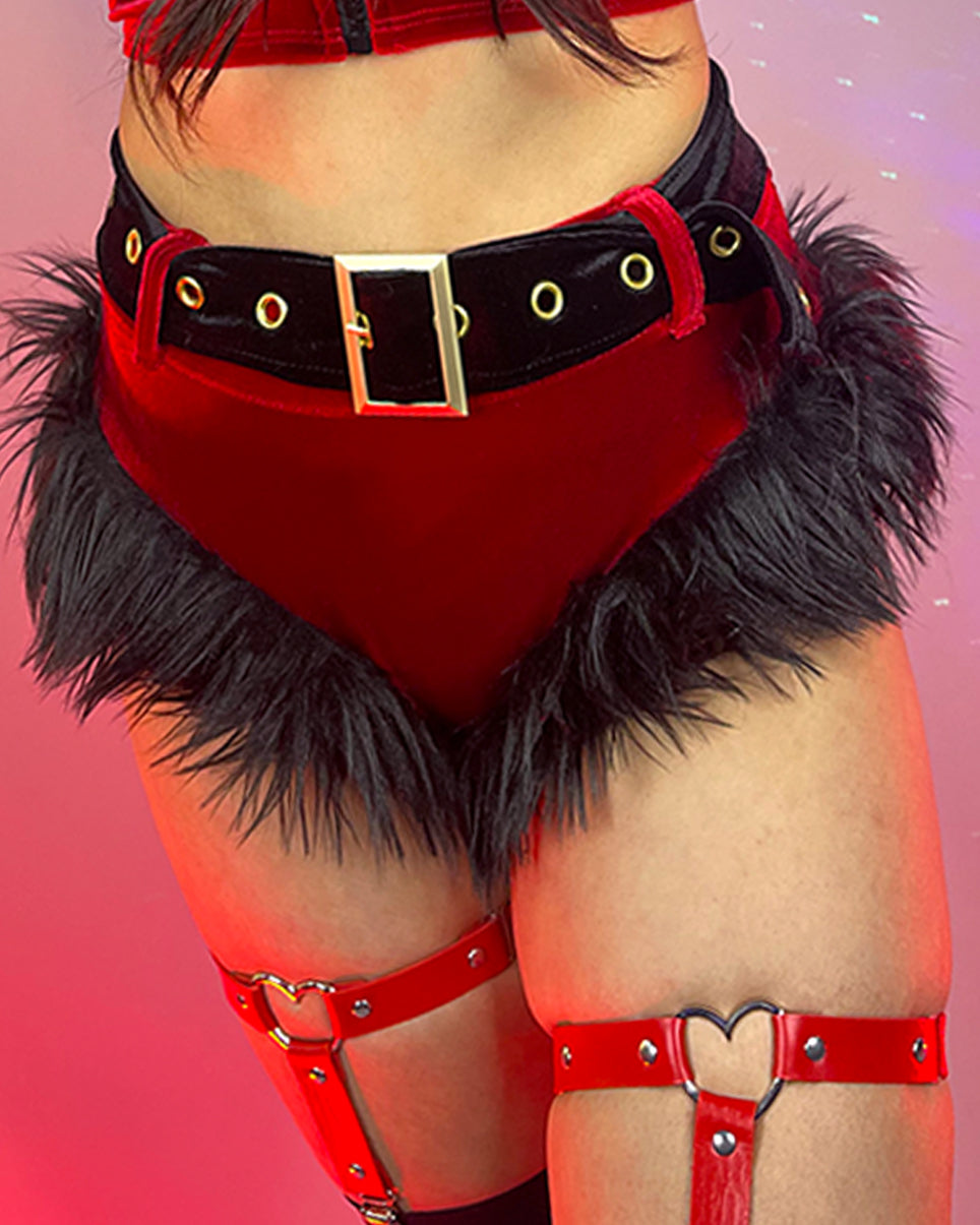 Naughty or Nice Santa Red Velvet Black Buckle High Waist Shorts - Rave Wonderland