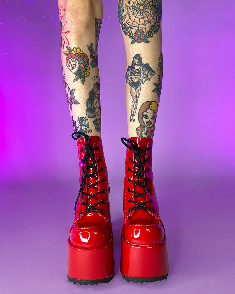 Demonia Red Patent Chunky Lace-Up Boots - Rave Wonderland