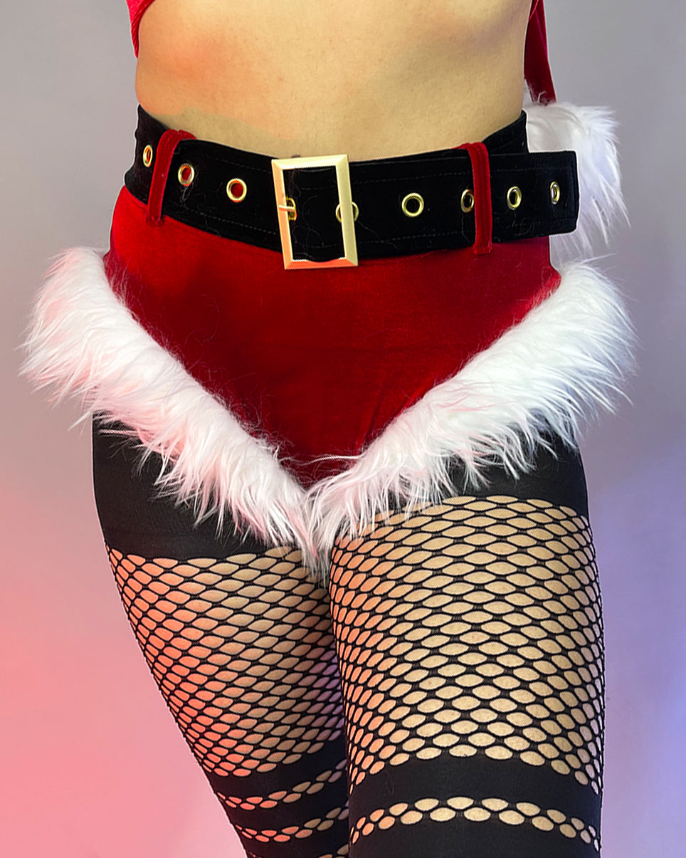 Naughty or Nice Santa Red Velvet White Buckle High Waist Shorts - Rave Wonderland