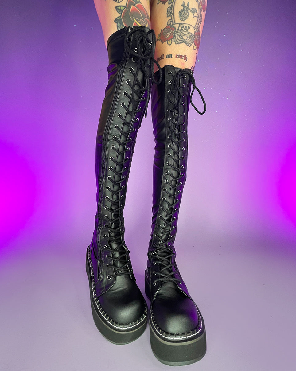 Demonia Emily Black Thigh-High Boots - Rave Wonderland