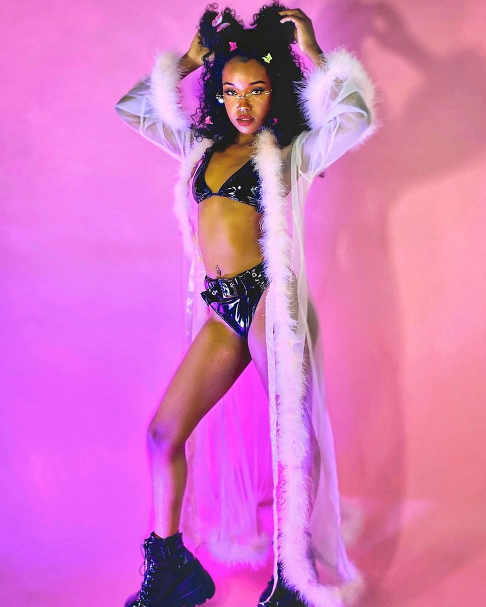 So Xxtra Feather Trim Sheer Long Robe - Rave Wonderland