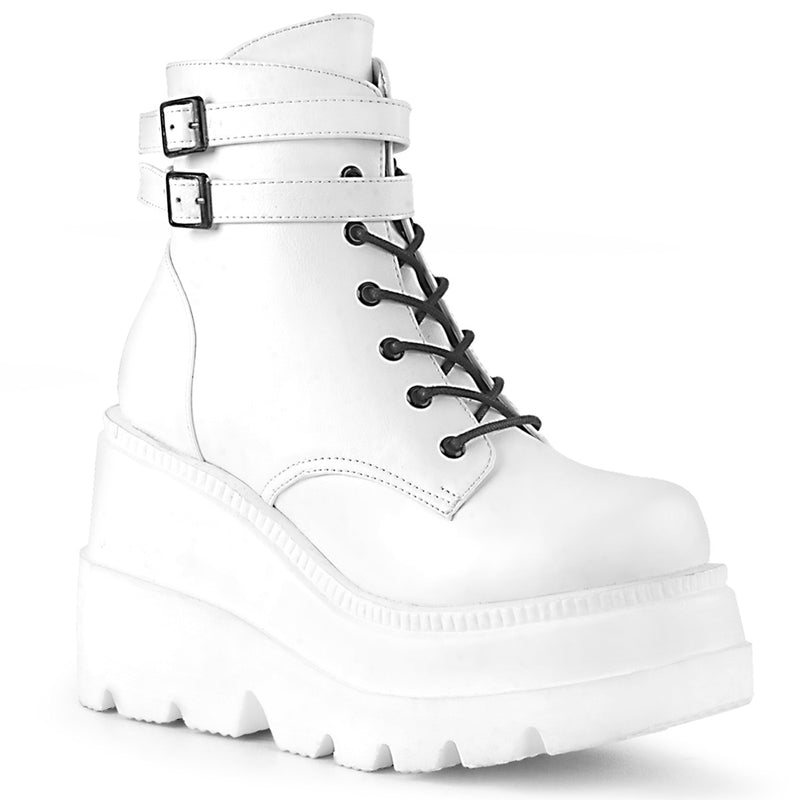 Demonia White Stacked Wedge Platform Ankle Boots - Rave Wonderland