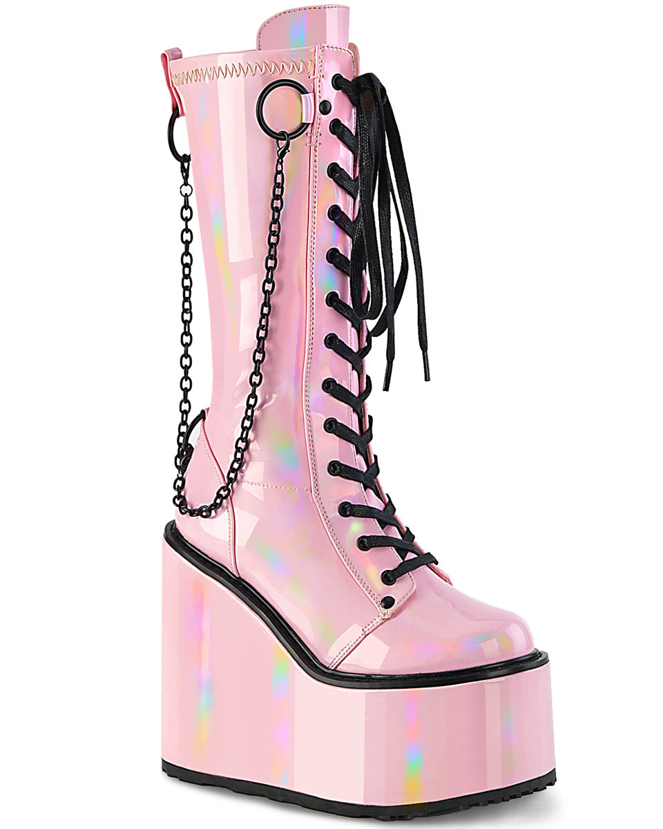 Demonia Swing Pink Holo Chain Knee-High Boots
