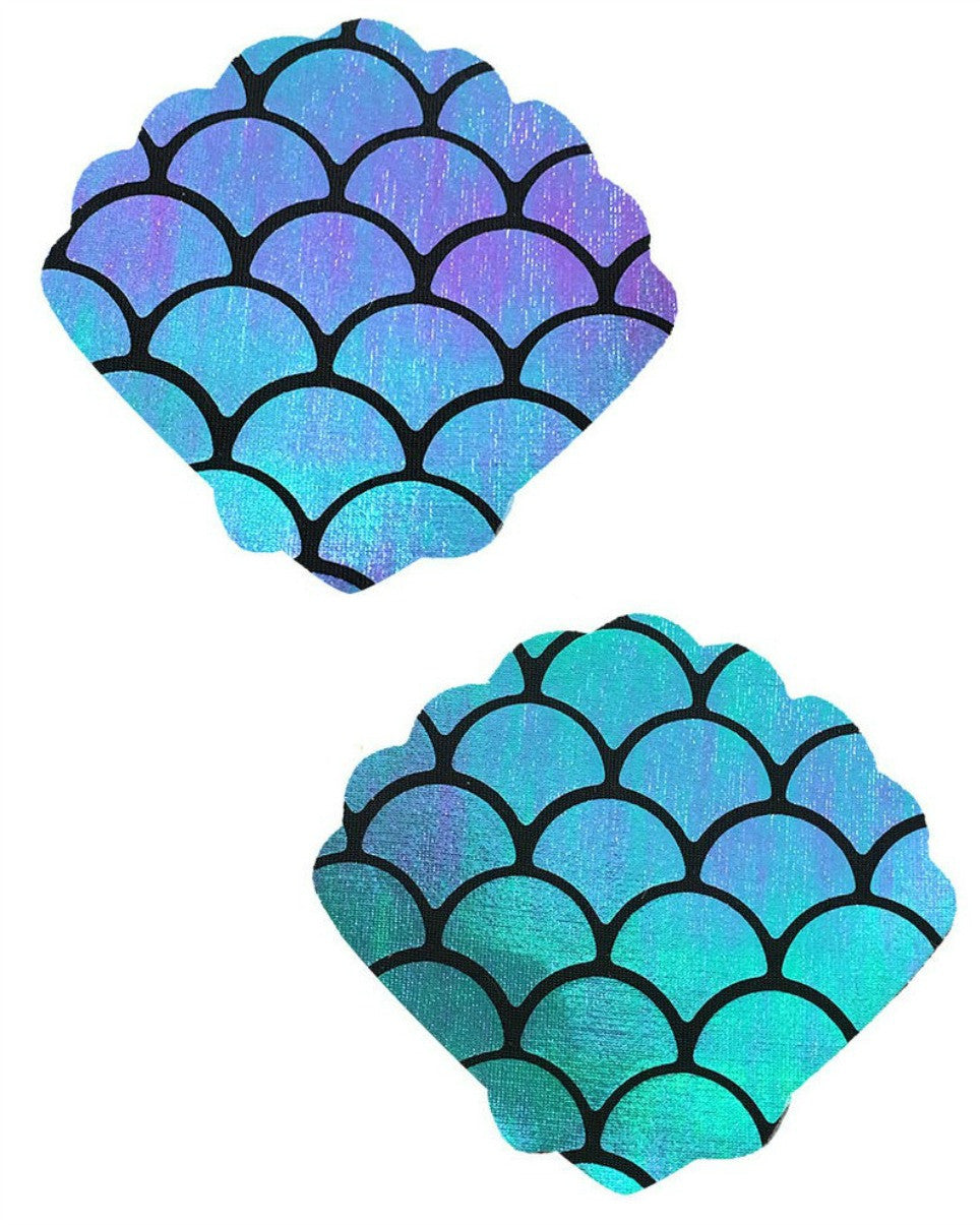 Holographic Blue/Green Mermaid Scale Pattern Shell Pasties - Rave Wonderland